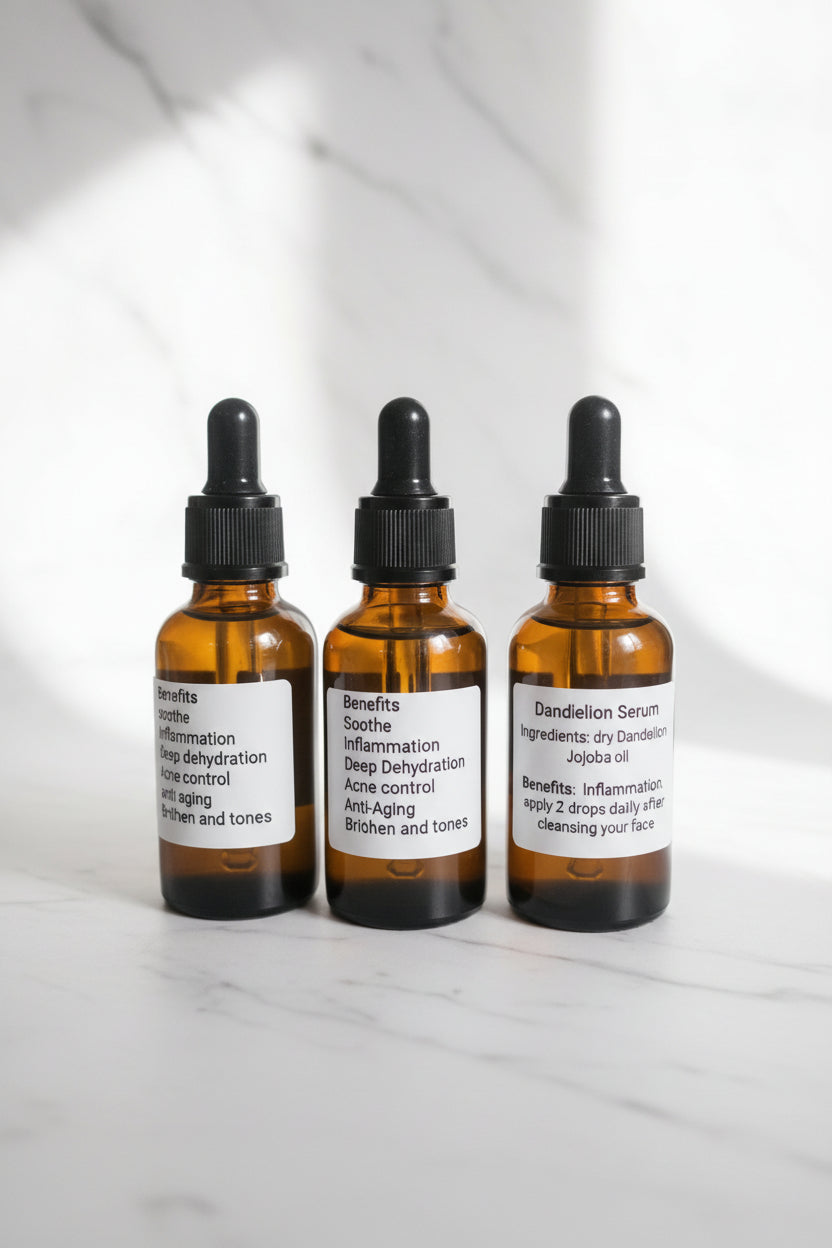 Three amber glass bottles with dropper caps on a white marble surface.
